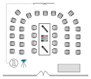 A long table with a paper tablecloth is shown in the centre of the room. Full description in text below.